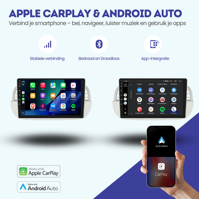 Fiat 500 CarPlay autoradio Wit | 2007 t/m 2015 | Denago DNG-A408 | 9 inch | Android 13 | Draadloos CarPlay & Android Auto