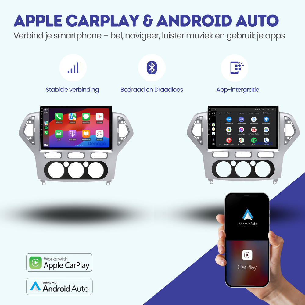 Autoradio Ford Mondeo compatible CarPlay | 2003 à 2014 | Denago DNG-A204 | Écran 9 pouces | Android 13 | CarPlay sans fil & Android Auto | Cadre argenté