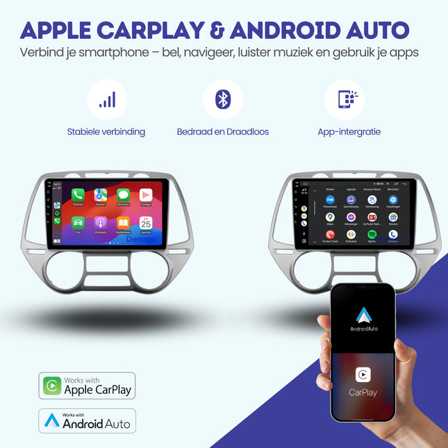 Hyundai i20 CarPlay autoradio | 2008 t/m 2014 | Denago DNG-A336 | 9 inch | Android 13 | Draadloos CarPlay & Android Auto