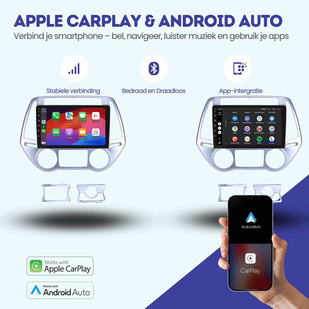 Radio de coche Hyundai i20 CarPlay | 2008 a 2014 | Denago DNG-A154 | 9 pulgadas | Androide 13 | CarPlay inalámbrico y Android Auto