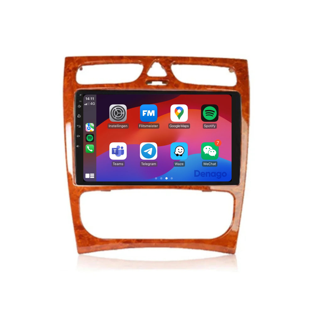 Mercedes Clase C W203 Radio de coche CarPlay | 2000 a 2004 | Denago DNG-A203 | 9 pulgadas | Androide 13 | CarPlay inalámbrico y Android Auto | Marco color madera