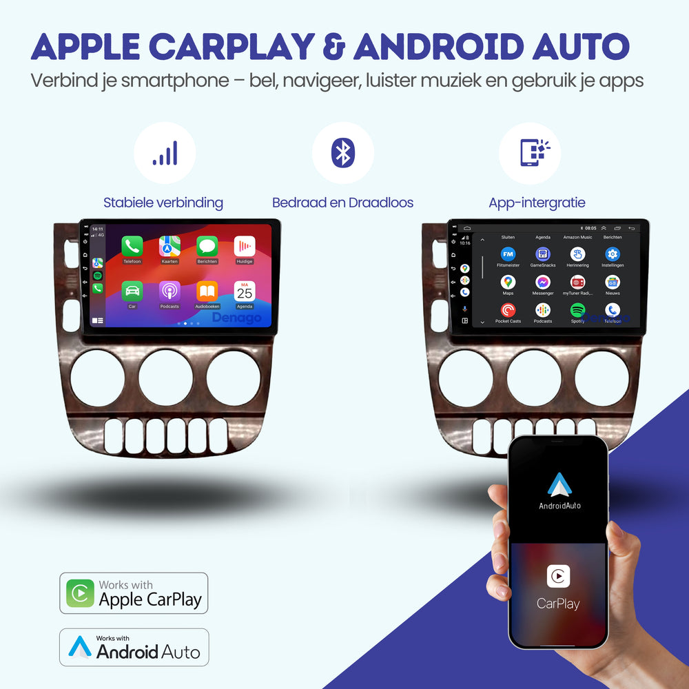 Mercedes ML CarPlay autoradio | 1999 t/m 2004 | Denago DNG-A104 | 9 inch | Android 13 | Draadloos CarPlay & Android Auto | Houtkleurig frame
