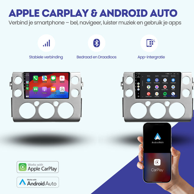 Autoradio compatible CarPlay pour Toyota FJ Cruiser (2006-2017) | Denago DNG-A313 | Écran 9 pouces | Android 13 | CarPlay sans fil & Android Auto | Cadre argenté