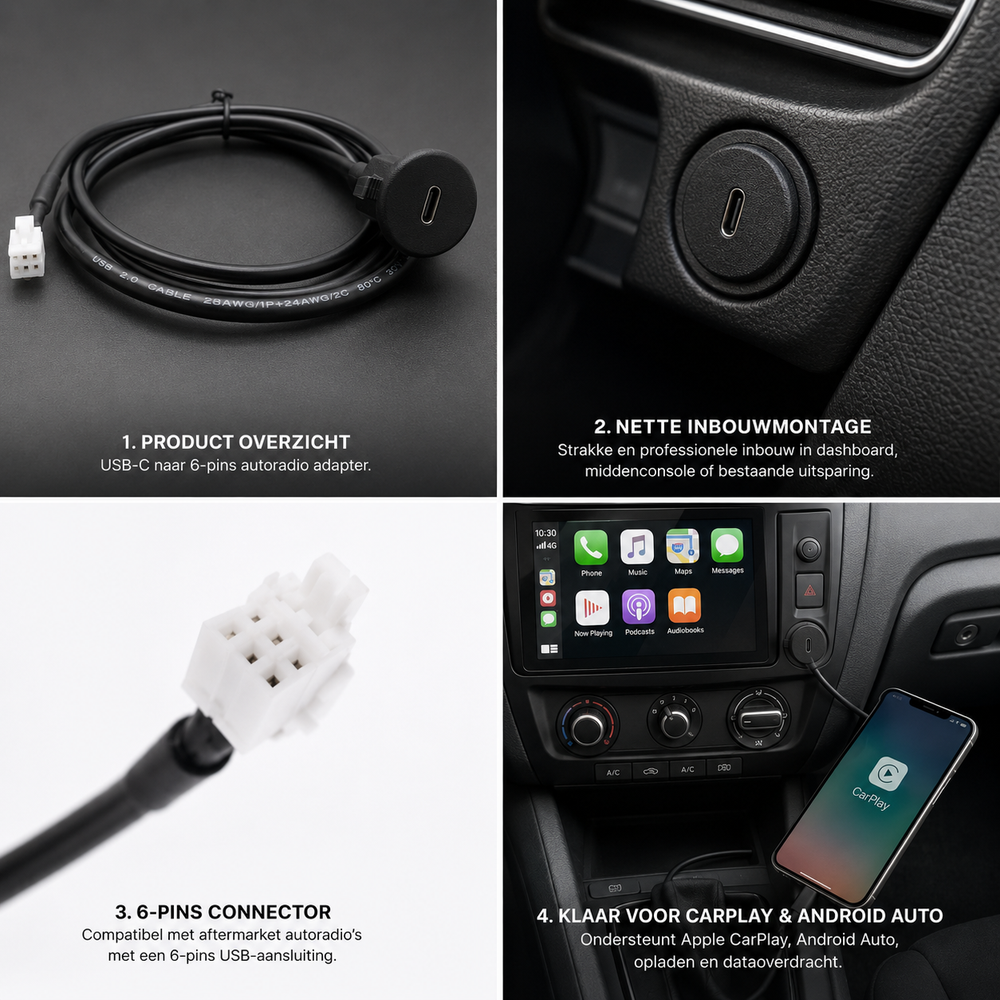 USB-C naar 6-Pins Autoradio Adapter | USB-C Inbouwpoort voor Aftermarket