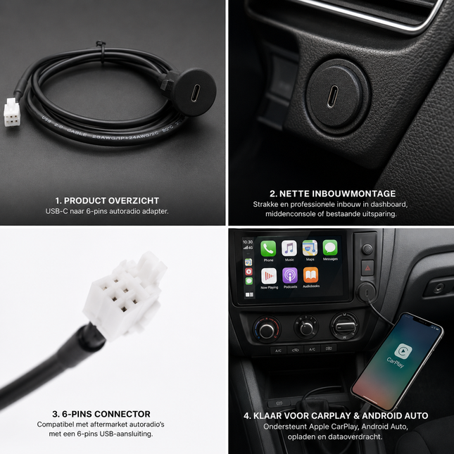 USB-C naar 6-Pins Autoradio Adapter | USB-C Inbouwpoort voor Aftermarket