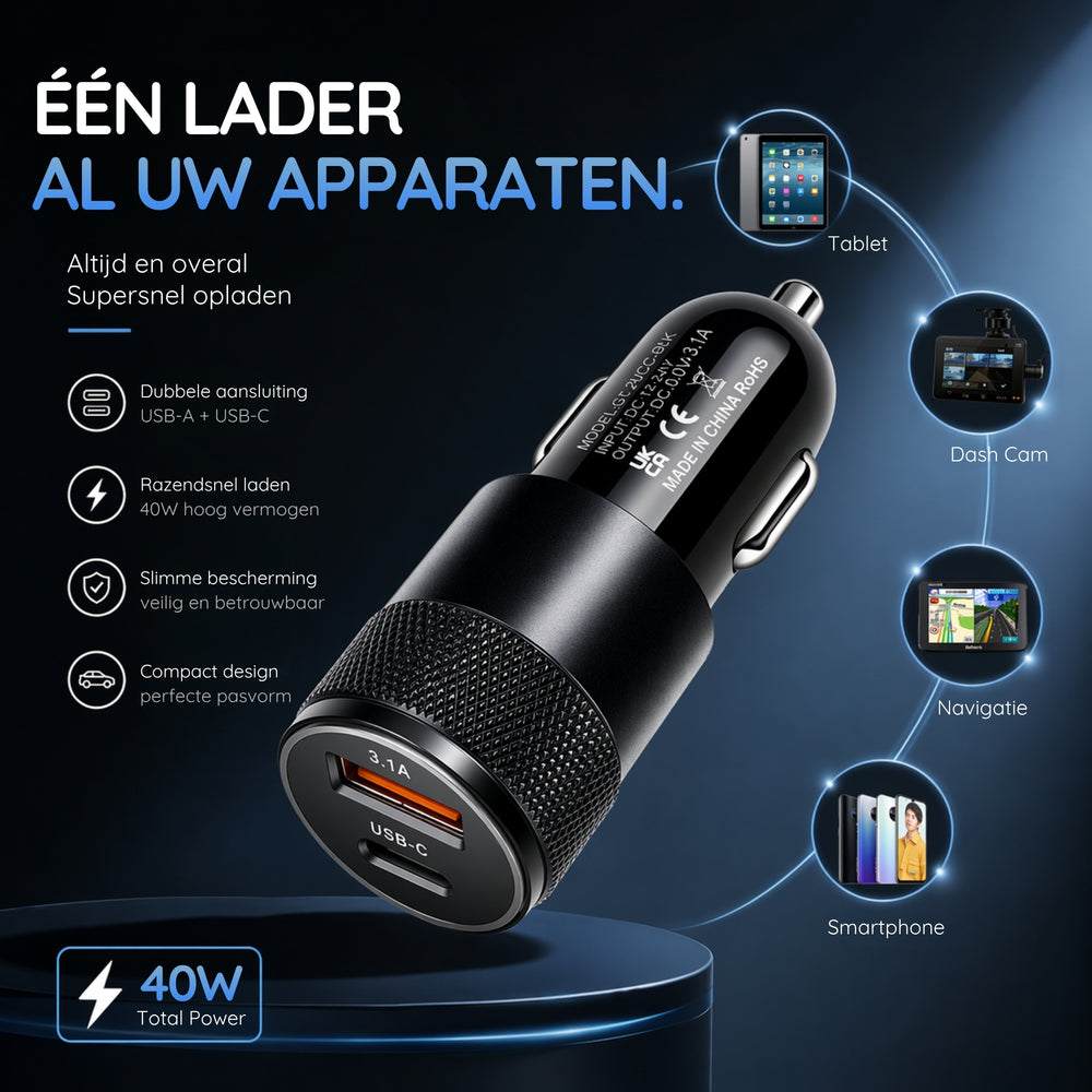 Compact 20W Car Charger | Fast charger | USB-C Power Delivery & USB 3.0 Quick Charge