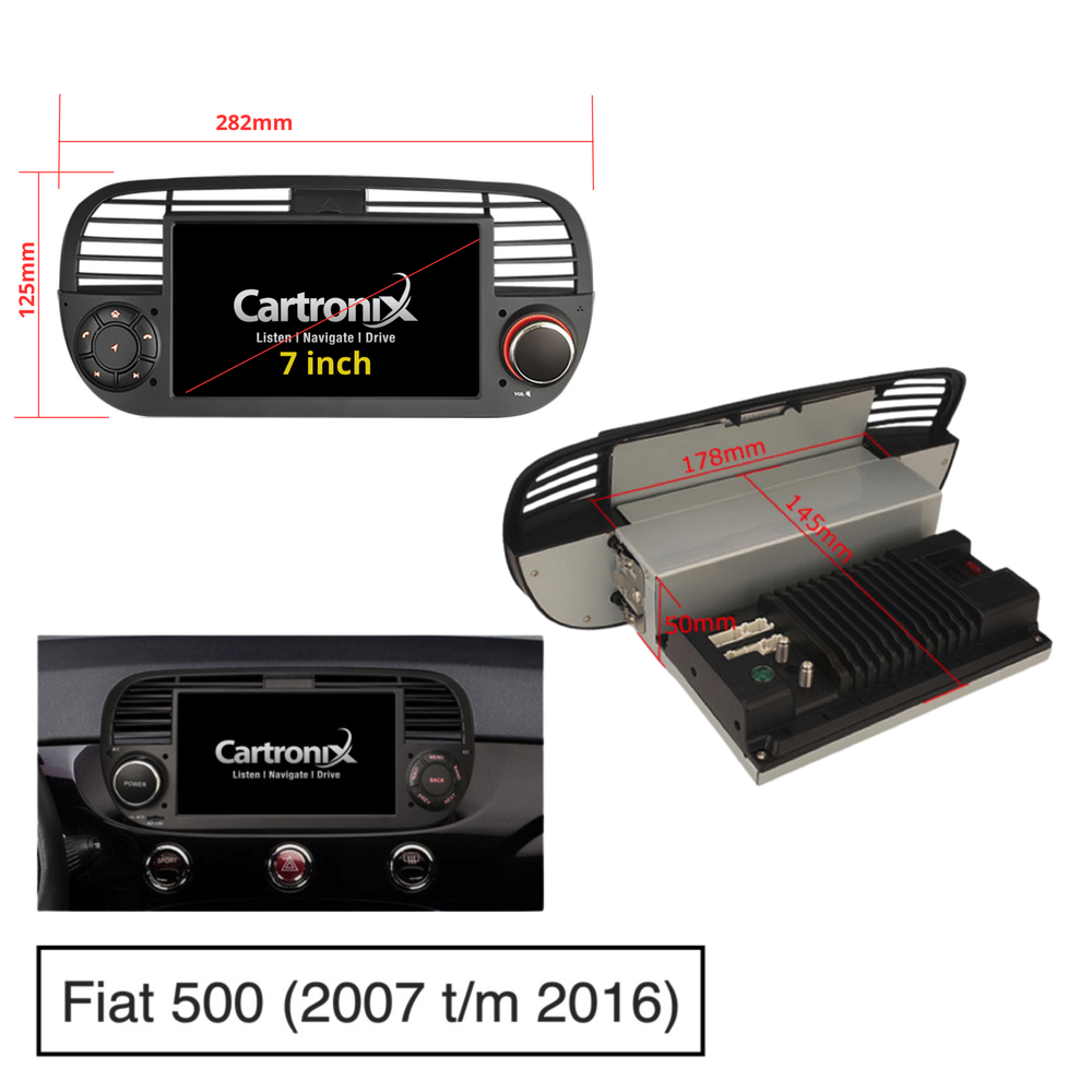 Fiat 500 CarPlay | 2007 t/m 2015 | Android 12 autoradio zwart