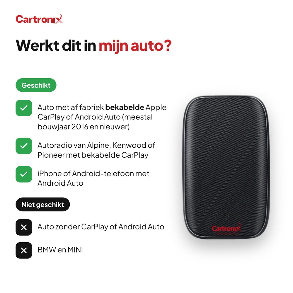 Geschikt voor auto's met bekabelde CarPlay of Android Auto