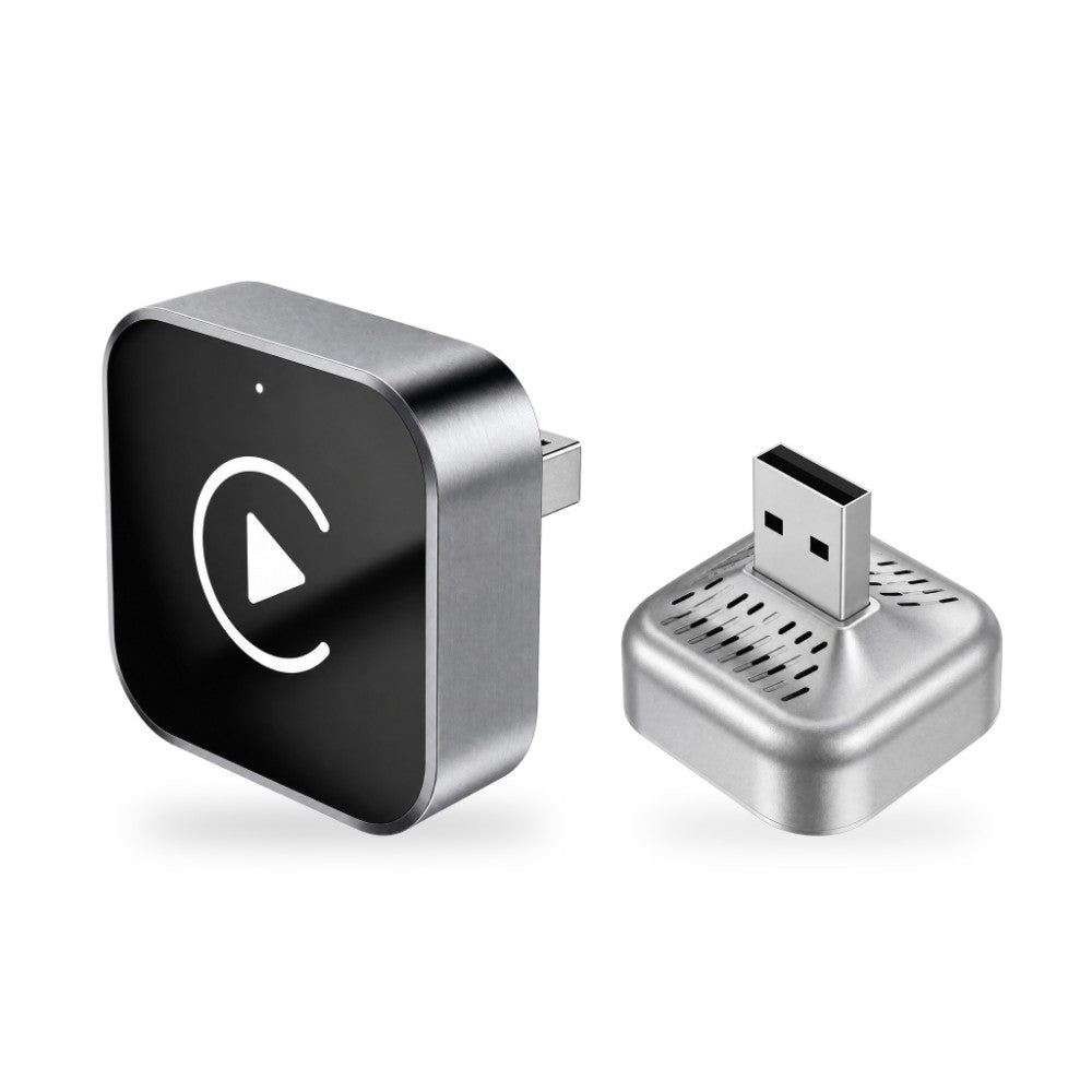 Compacte draadloze CarPlay adapter van Denago, voor- en achteraanzicht