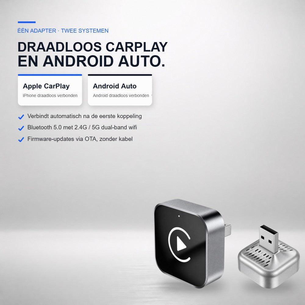 Eén adapter voor draadloos Apple CarPlay en Android Auto met Bluetooth 5.0 en 5 GHz wifi