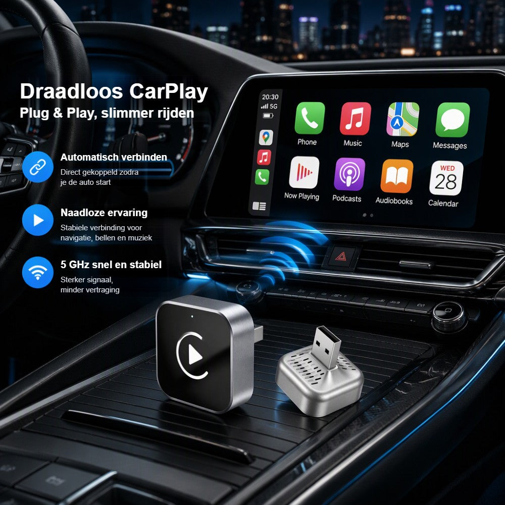 Draadloos CarPlay op het originele scherm van de auto met de Denago adapter