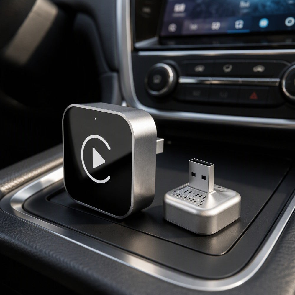 Denago draadloze CarPlay adapter in de middenconsole van een auto