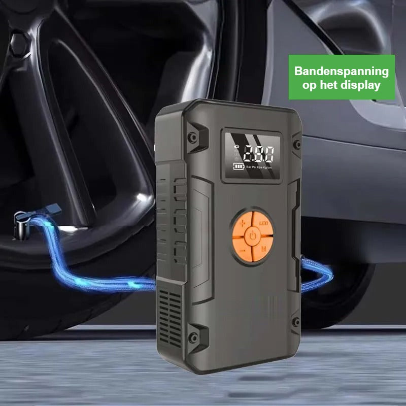 Denago jump starter als bandenpomp met bandenspanning op het display bij een autoband