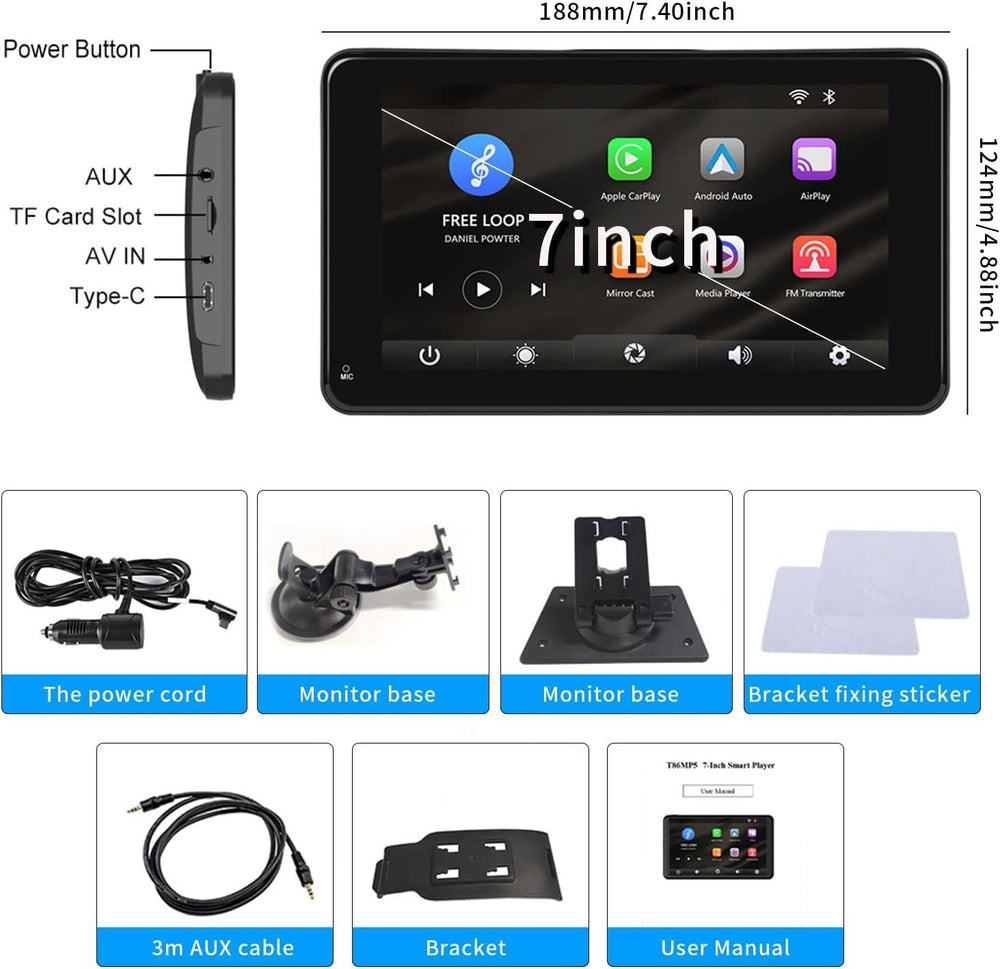 Pantalla multimedia portátil CarPlay y Android Auto de 7 pulgadas Denago