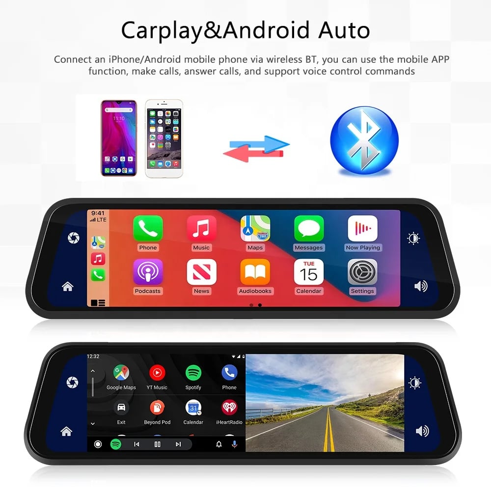 Espejo retrovisor | Cámara de salpicadero incorporada | Carplay y Android Auto | Se adapta a cualquier vehículo