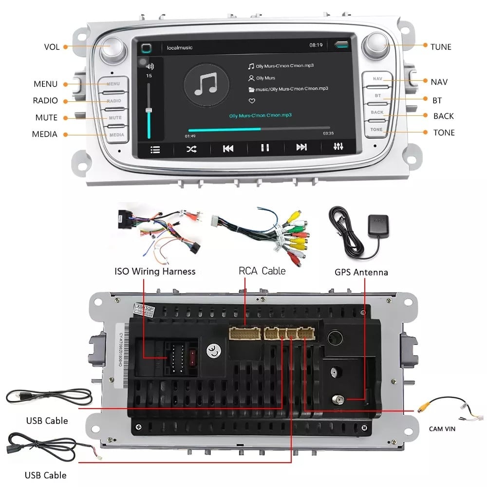 Ford car radio navigation silver | Android 15 | 4GB & 64GB | Mondeo Focus S-max | Apple Carplay & Android Auto
