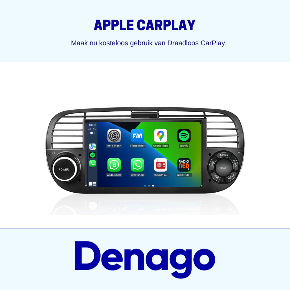 Denago Autoradio voor Fiat 500 - 2007 t/m 2015 - Apple Carplay & Android Auto - Android 13 - 7 inch - Zwart
