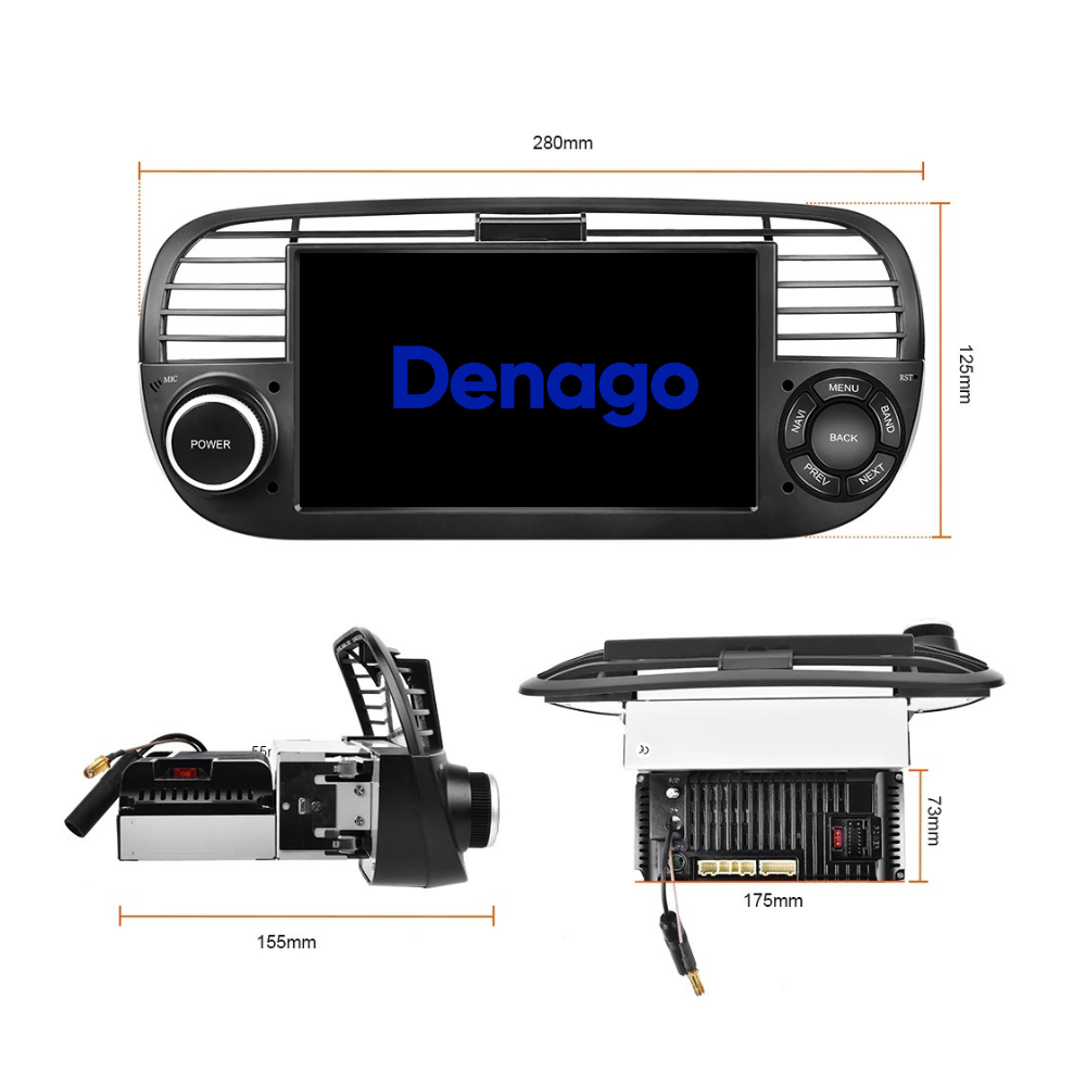 Denago Autoradio voor Fiat 500 - 2007 t/m 2015 - Apple Carplay & Android Auto - Android 13 - 7 inch - Zwart