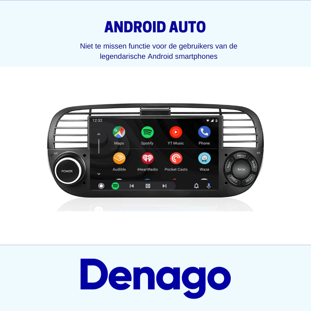 Denago Autoradio voor Fiat 500 - 2007 t/m 2015 - Apple Carplay & Android Auto - Android 13 - 7 inch - Zwart
