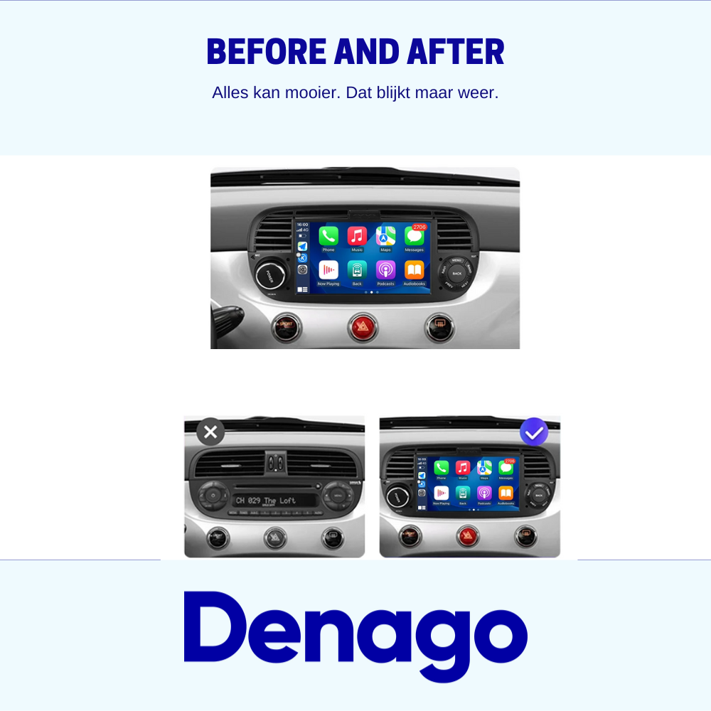 Denago Autoradio voor Fiat 500 - 2007 t/m 2015 - Apple Carplay & Android Auto - Android 13 - 7 inch - Zwart