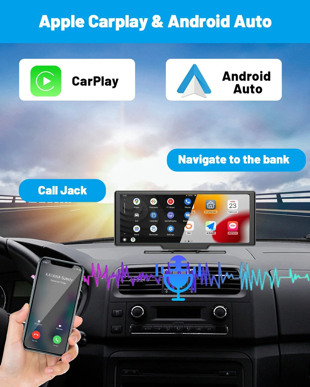 Apple CarPlay 10 inch scherm met dashcam en achteruitrijcamera