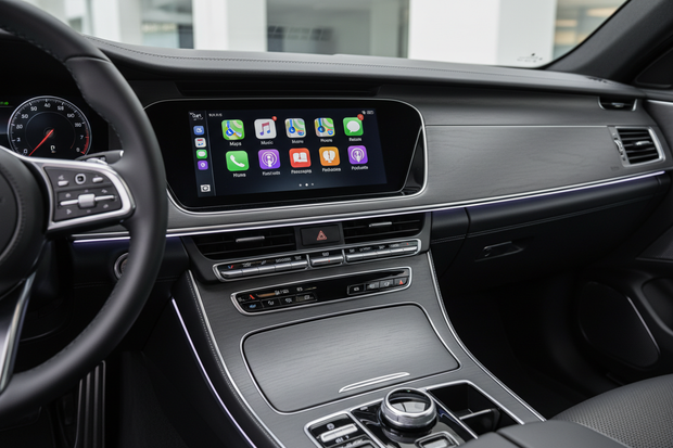 een autoradio in een moderne auto met carplay op het scherm