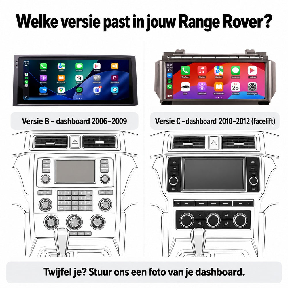 Welke versie past in jouw Range Rover? Versie B: dashboard 2006–2009. Versie C: dashboard 2010–2012 (facelift).